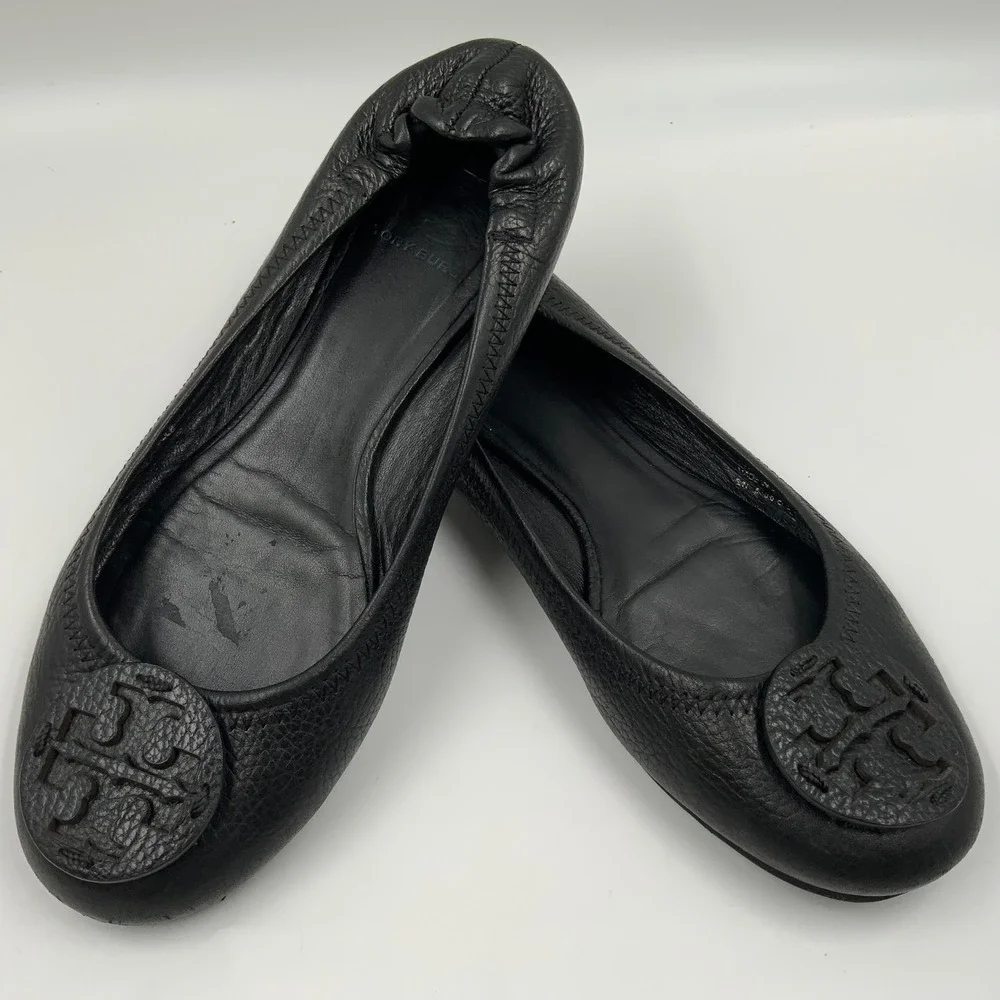 Tory Burch Minnie Travel Ballet Flats Black Leather Logo Medallion Size 8.5